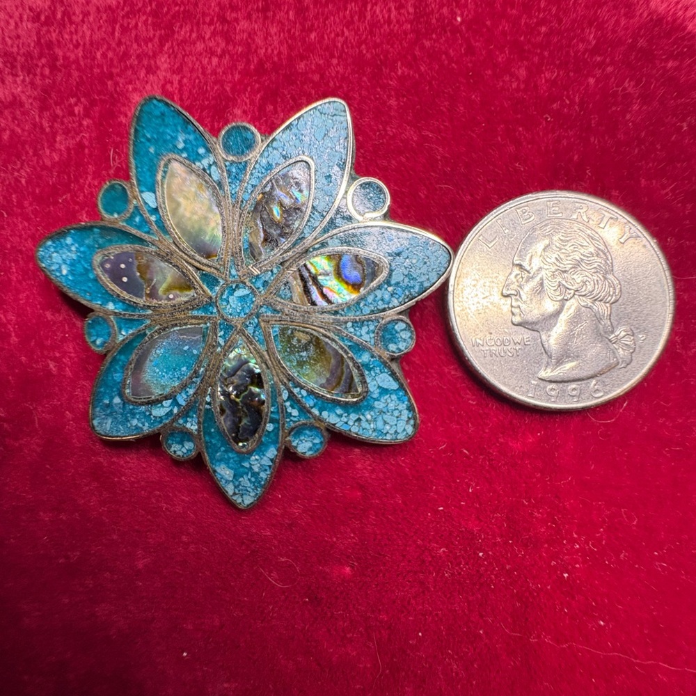 Pendant Brooch 925 Solid Sterling Silver Turquoise Inlay Abalone Floral - Picture 4 of 5